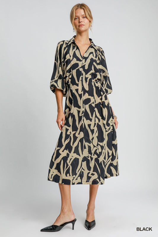 Two Tone Abstract Print Collared Button Down Women's Midi Dress