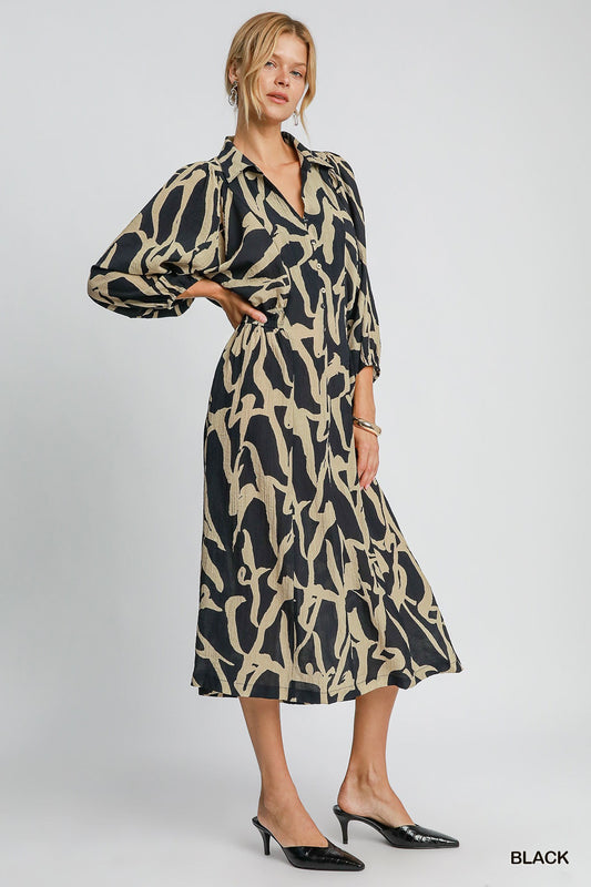 Two Tone Abstract Print Collared Button Down Women's Midi Dress