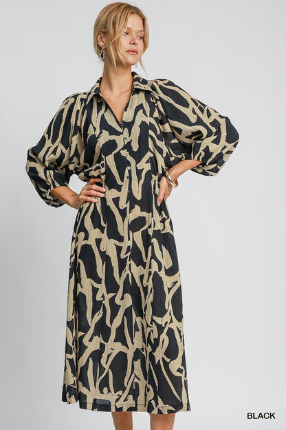 Two Tone Abstract Print Collared Button Down Women's Midi Dress