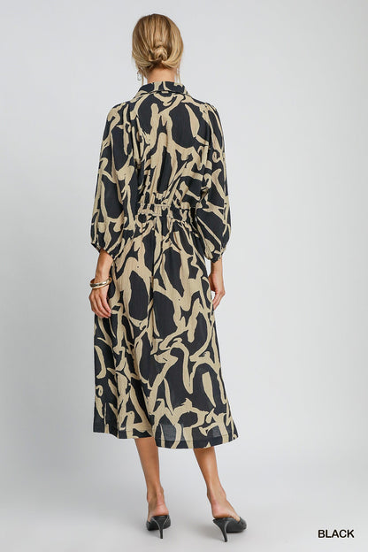 Two Tone Abstract Print Collared Button Down Women's Midi Dress