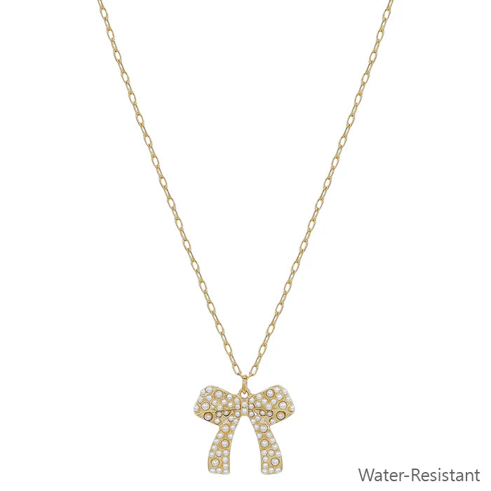 Water Resistant Gold Chain with Pearl Dotted Bow 16"-18" Necklace
