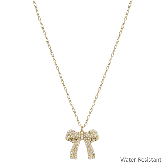 Water Resistant Gold Chain with Pearl Dotted Bow 16"-18" Necklace