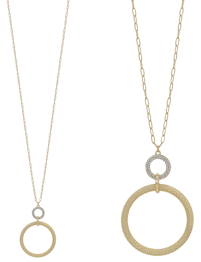 Gold or Silver Open Circle with Pave Beaded Accent 36" Necklace