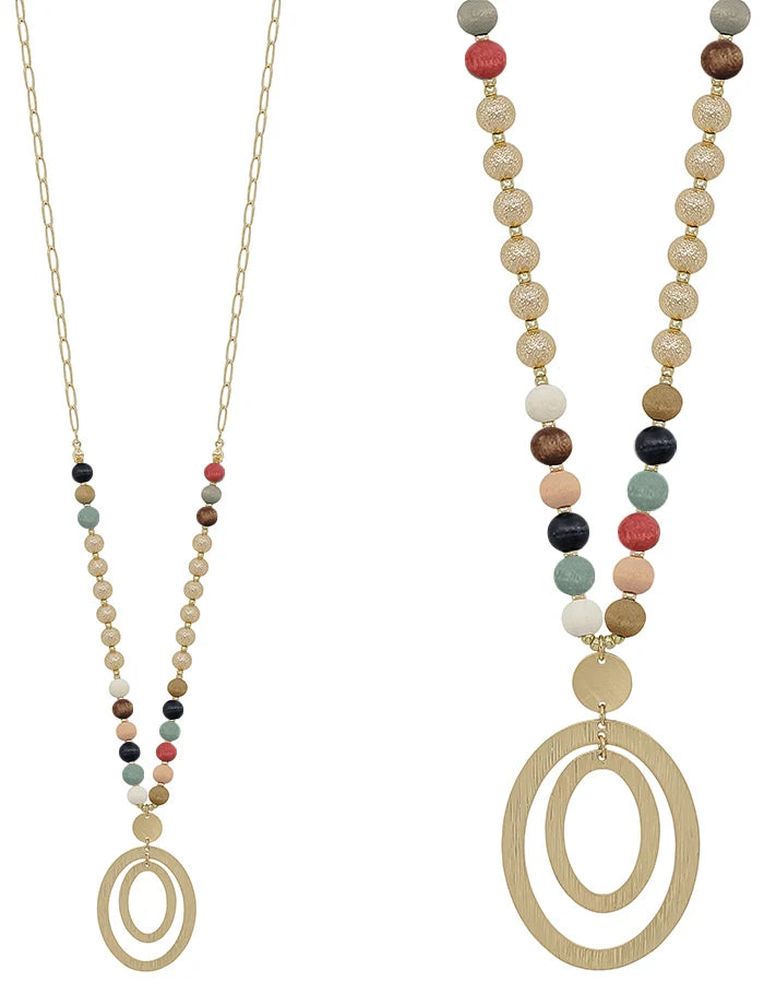 Multi and Gold Beaded with Double Oval Gold Drop 32" Necklace