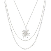 Silver Rhinestone Sunburst w/Layered Chains Necklace