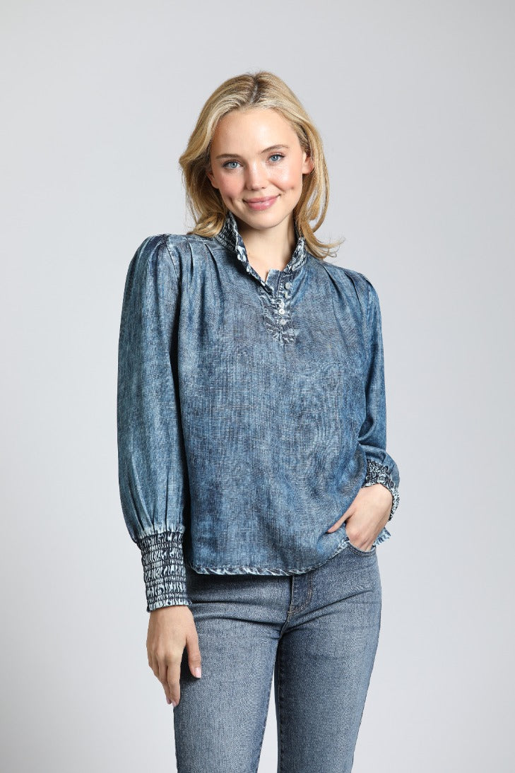 Moon Wash Tencel Top W/Ruched Collar & Cuffs