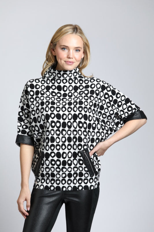 Abstract Dot Sweater w/Faux Leather Trim Detail