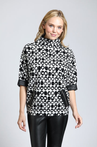 Abstract Dot Sweater w/Faux Leather Trim Detail