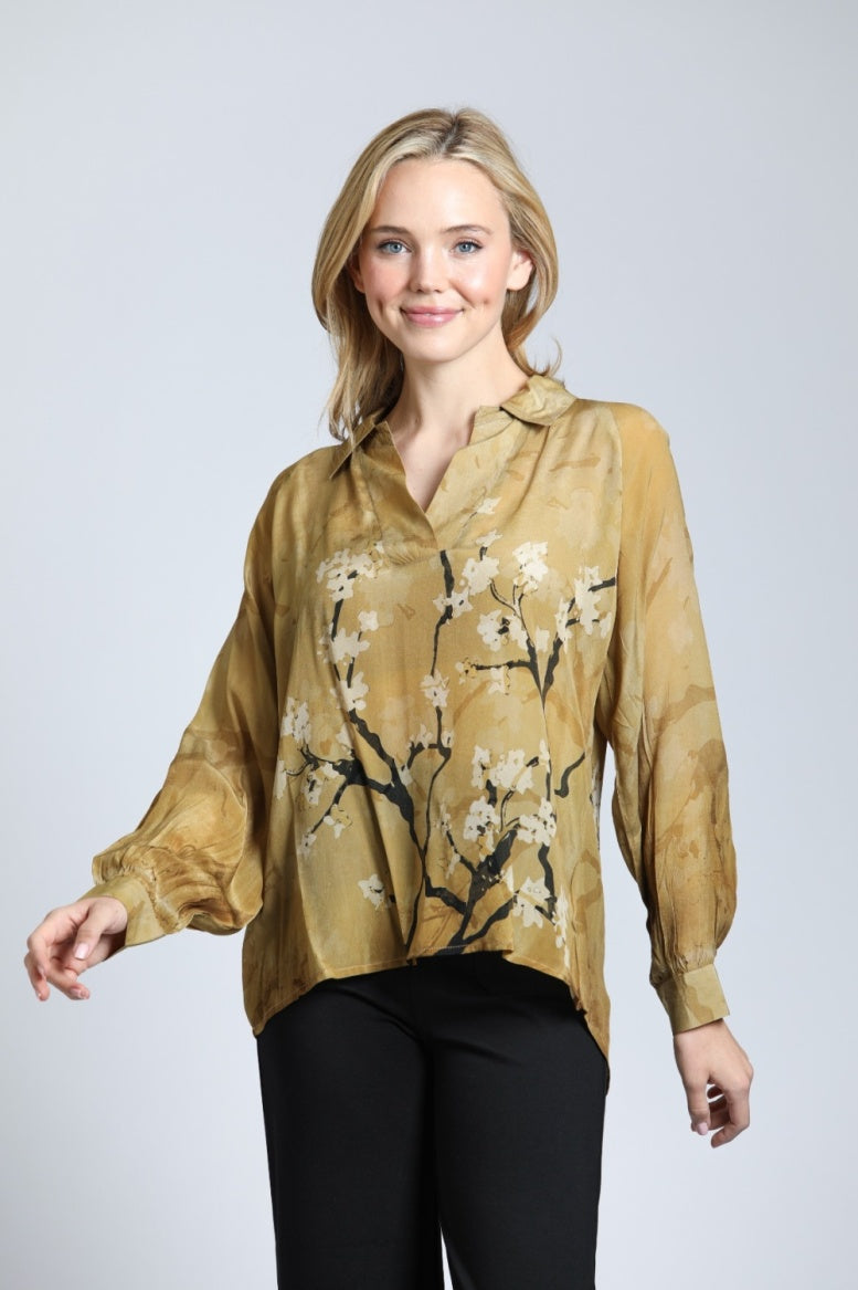 Half-Plaket Pullover Blouse w/floral print