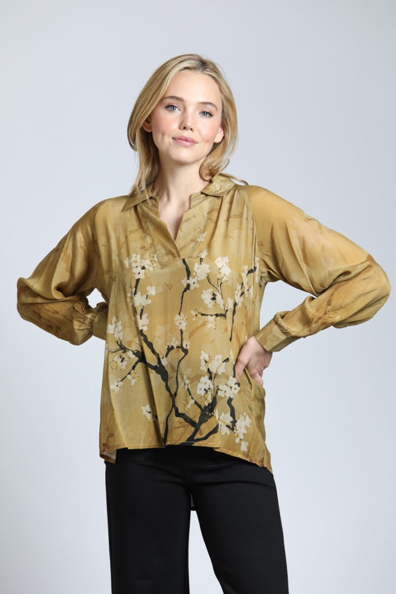 Half-Plaket Pullover Blouse w/floral print