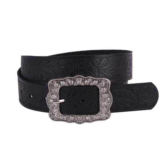 Tooled Leather Belt with Vintage Rhinestone Frame Buckle