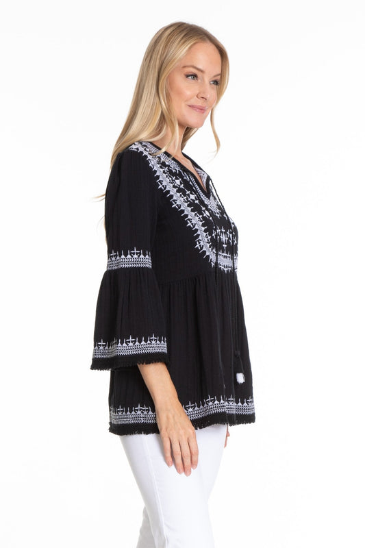 Aztec Embroidered Tunic w/Fringe Detail - Bay-Tique