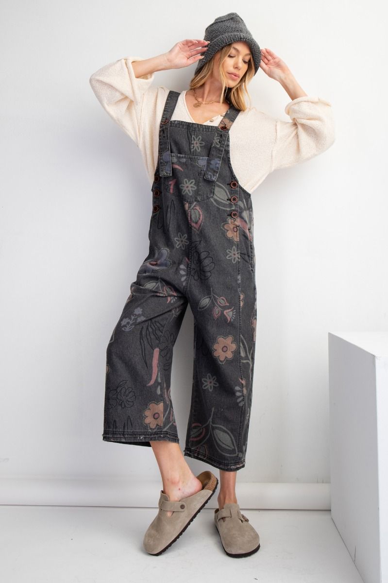 Women's Floral Print Washed Denim Jumpsuit Pants