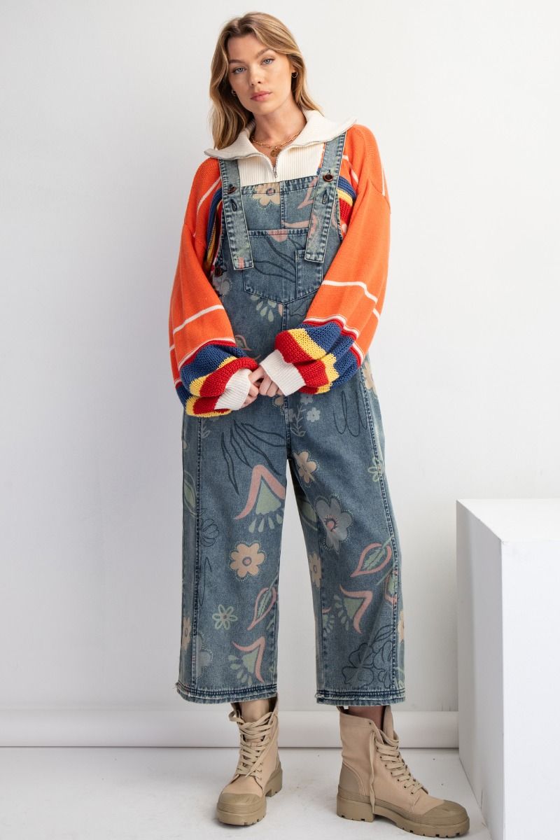 Women's Floral Print Washed Denim Jumpsuit Pants