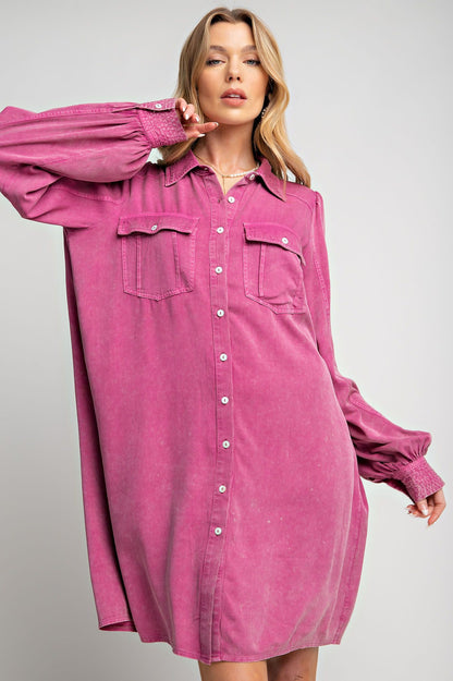 Women's Long Sleeve Button Down Mineral washed Shirt Tunic Dress