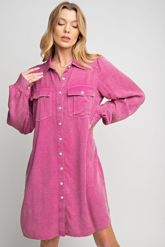 Women's Long Sleeve Button Down Mineral washed Shirt Tunic Dress