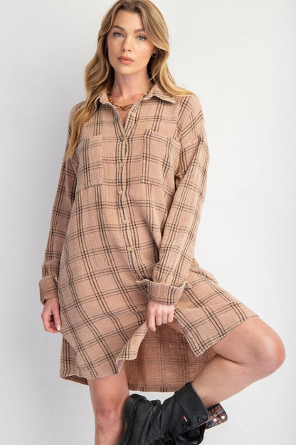 Women's Plaid Mineral Washed Shirt Dress