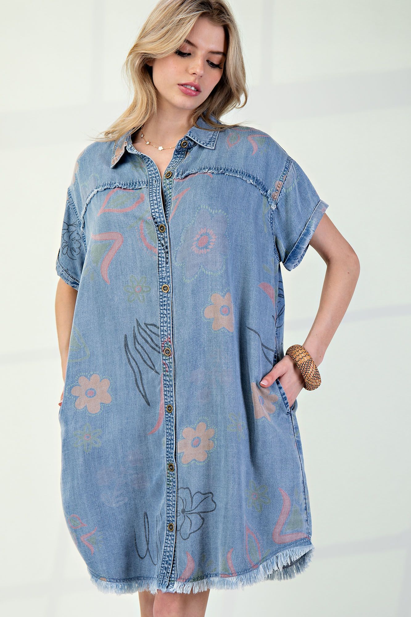 Women's WASHED PRINT DENIM SHIRT DRESS