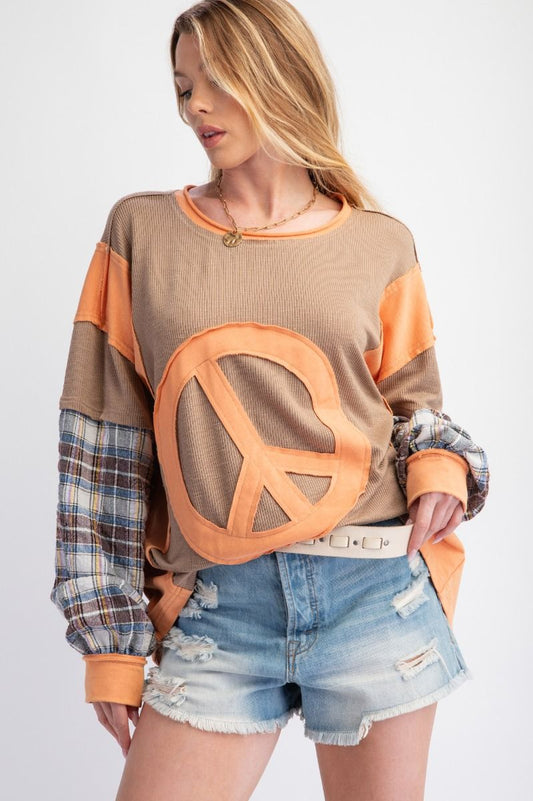 Women's Long Sleeve Peace Patch Mixed Mineral Washed Top