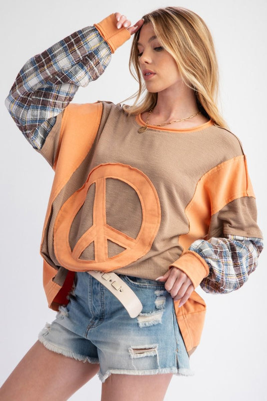 Women's Long Sleeve Peace Patch Mixed Mineral Washed Top