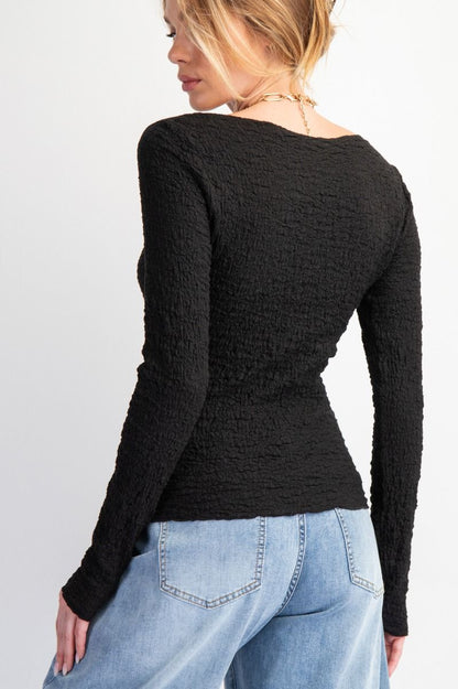 Women's POPCORN KNIT FITTED TOP -LONG SLEEVES