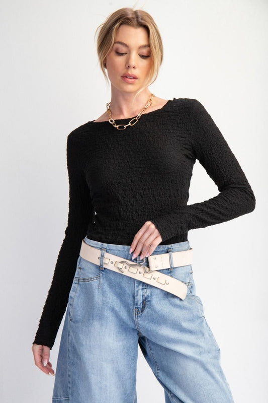 Women's POPCORN KNIT FITTED TOP -LONG SLEEVES