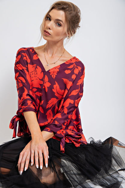 Women's Dolman Sleeve Printed Mirabelle Satin V-neck Top