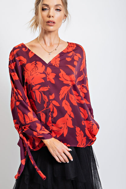 Women's Dolman Sleeve Printed Mirabelle Satin V-neck Top