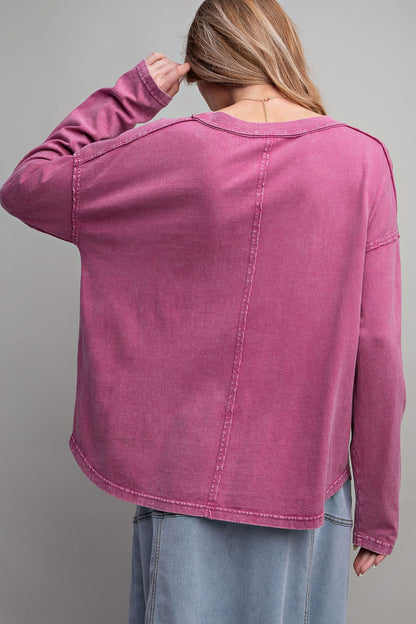 Women's Long Sleeve Mineral Washed Loose Fit Knit Top