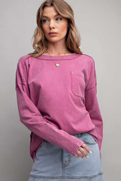 Women's Long Sleeve Mineral Washed Loose Fit Knit Top