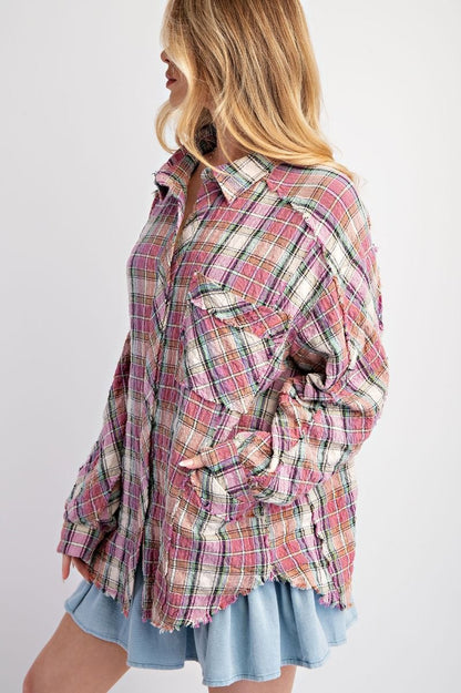 Women's Long Sleeve Crinkled Plaid Button Down Soft Washed Shirt Jacket Women's