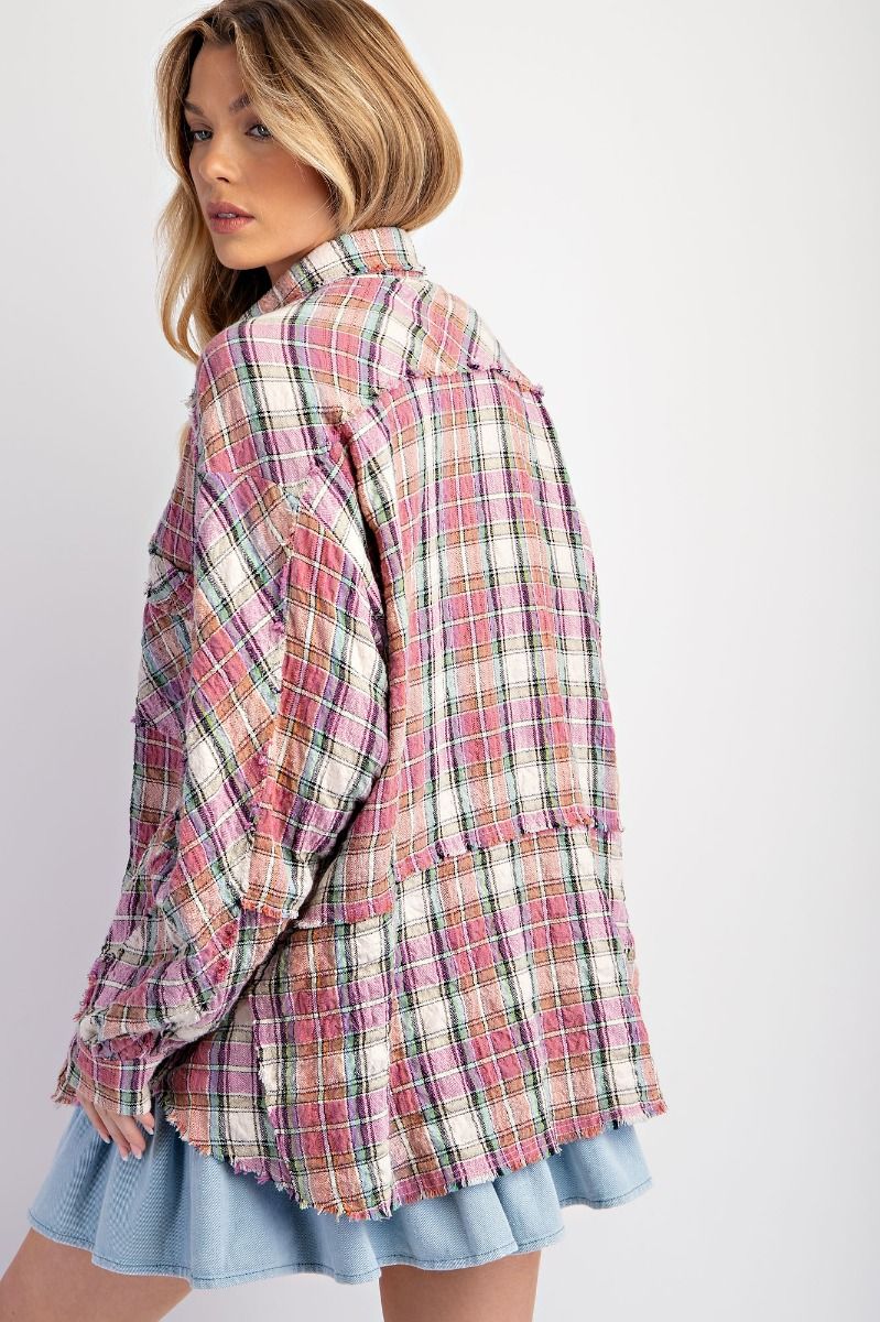 Women's Long Sleeve Crinkled Plaid Button Down Soft Washed Shirt Jacket Women's