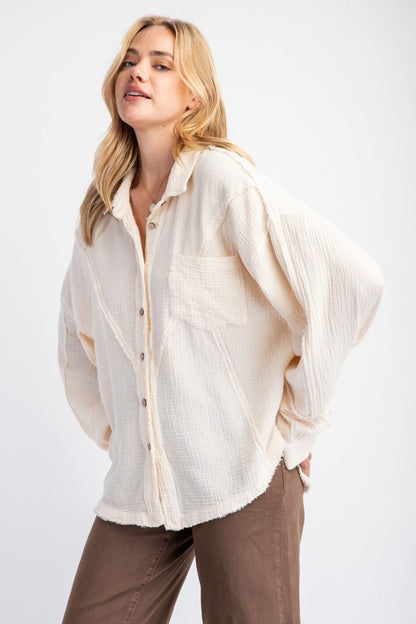 Women's Long Sleeve Button Down Mineral Washed Cotton Gauze Tunic Top