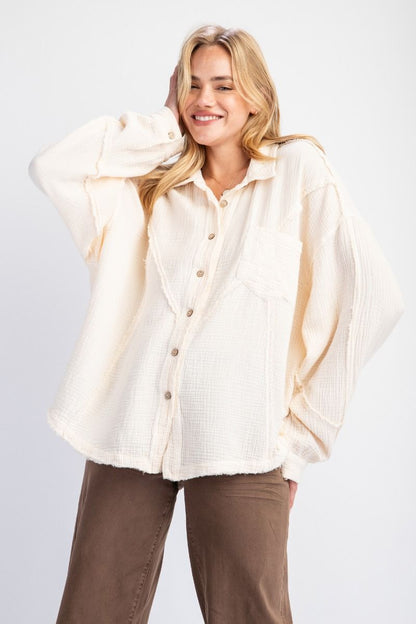 Women's Long Sleeve Button Down Mineral Washed Cotton Gauze Tunic Top