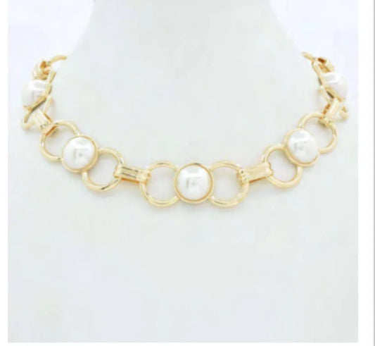 Gold Open Circles with Pearl 16"-18" Necklace