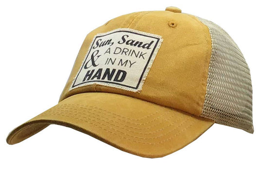 Sun Sand & A Drink In My Hand Distressed Trucker Cap - Bay-Tique