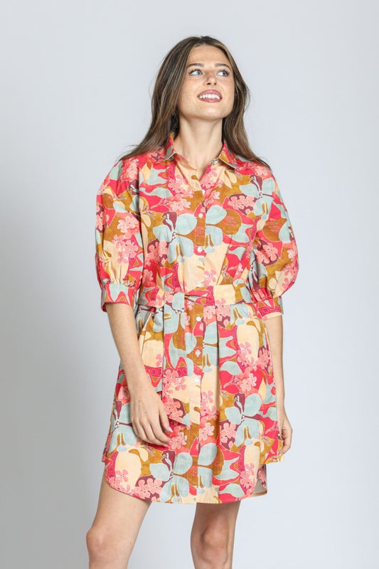 Women's Belted Dress w/Puff Sleeves