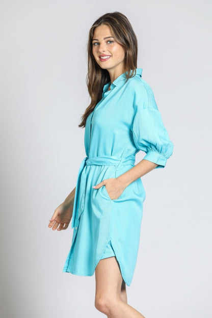 Women's Tencel Belted Dress W/Puff Sleeves