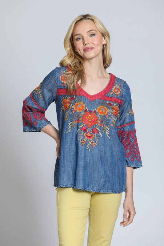 Women's Floral Embroidered V-Neck Pullover Top