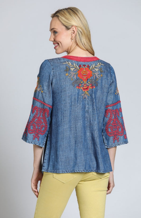 Women's Floral Embroidered V-Neck Pullover Top