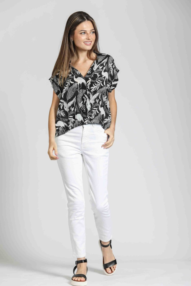 Women's Printed Wrap Blouse with Tabbed Cuffs